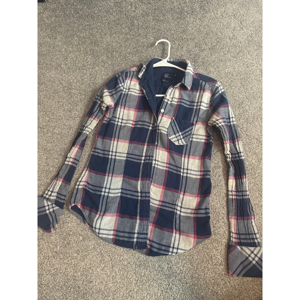 American Eagle Womens XS Flannel Plaid Button Up Shirt Navy Pink White
